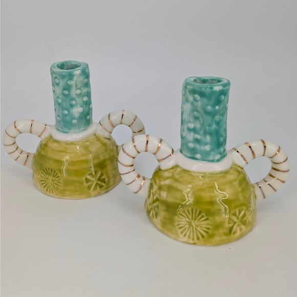 Artisan Stoneware Taper Candle Holders Dual Handles Whimsical Teal Lime Gold Set - Picture 4 of 12